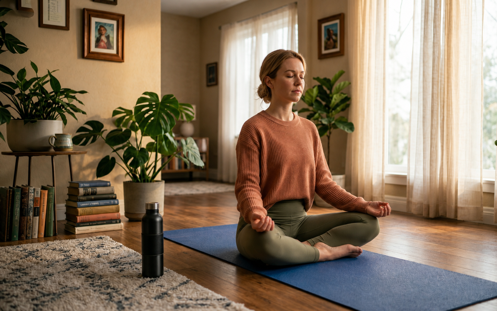 Persona meditando en casa